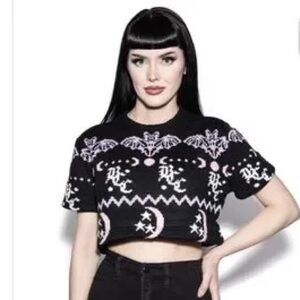 Blackcraft Cult Hellish Holiday Black Bat Cropped Sweater New With Tags
